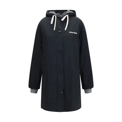 Miu Miu Single-breasted Hooded Parka Coat In Black