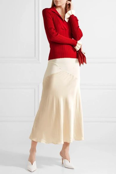 Shop Esteban Cortazar Paneled Stretch-knit And Satin Midi Skirt