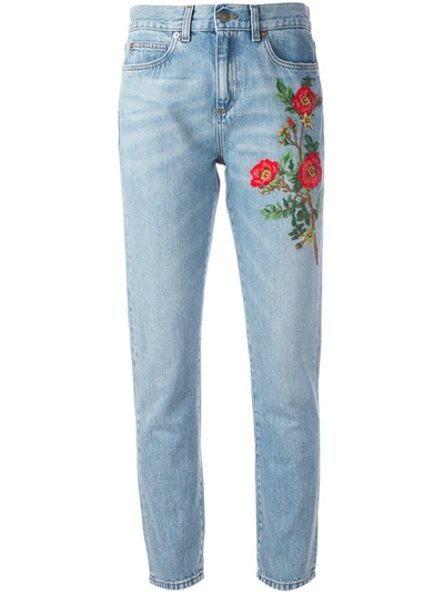 Gucci Embroidered Flower Jeans In Blue