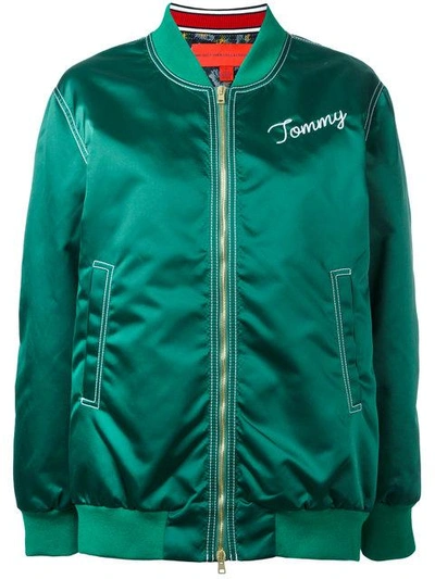 Shop Tommy Hilfiger Logo Bomber Jacket In Green