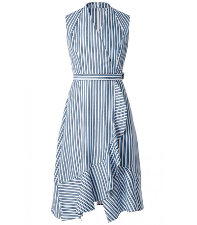 Shop Carven Blue Ruffled Asymmetric Dress In Blanc/bleu