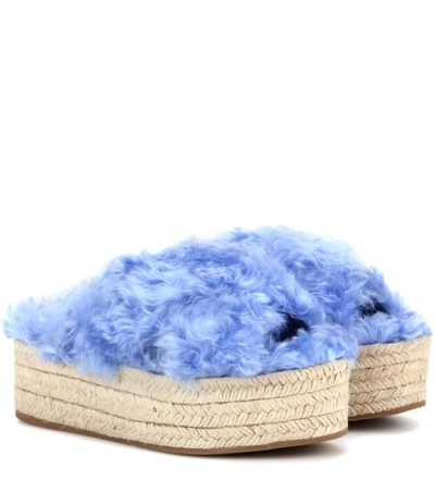 Miu Miu Faux Fur Platform Espadrille Sandals In Blue