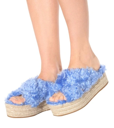 Shop Miu Miu Faux Fur Platform Espadrille Sandals In Blue
