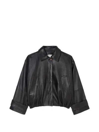 Rohe Cropped Leather Bomber Blouson Jacket With Dropped Shoulders In Black