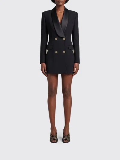 Versace Satin Trim Stretch Wool Jacket Minidress In Black
