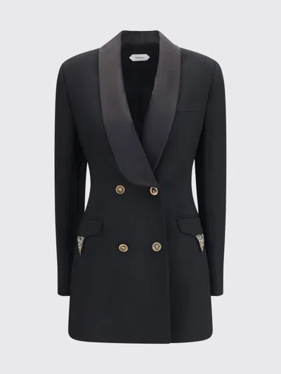 Versace Satin Trim Stretch Wool Jacket Minidress In Black