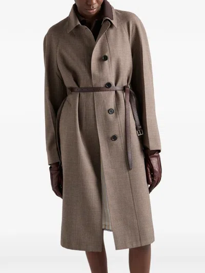 Prada Single-breasted Houndstooth Check Wool Coat In Brown