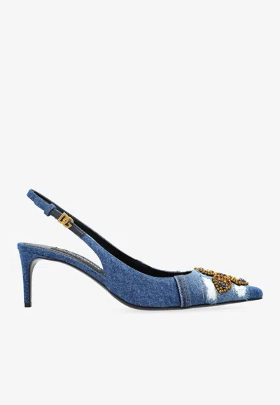 Dolce & Gabbana Denim Patchwork Slingback With Embroidery In Blue