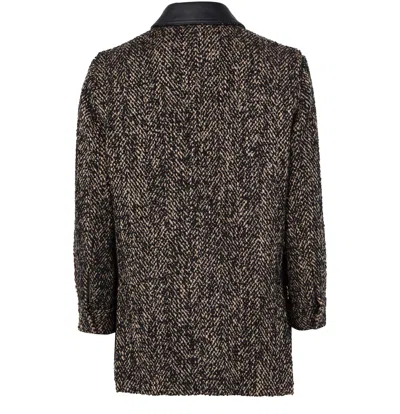 Max Mara Herringbone Pattern Wool Jacket With Leather Collar In Black