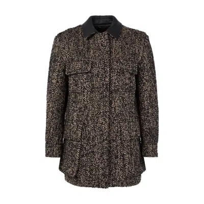 Max Mara Herringbone Pattern Wool Jacket With Leather Collar In Black