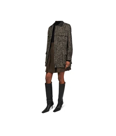 Max Mara Herringbone Pattern Wool Jacket With Leather Collar In Black