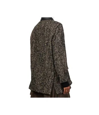 Max Mara Herringbone Pattern Wool Jacket With Leather Collar In Black
