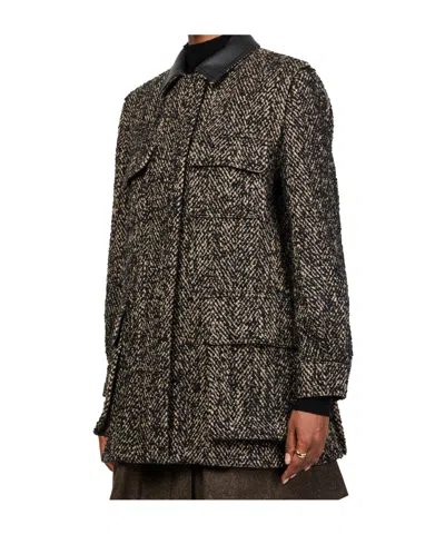 Max Mara Herringbone Pattern Wool Jacket With Leather Collar In Black