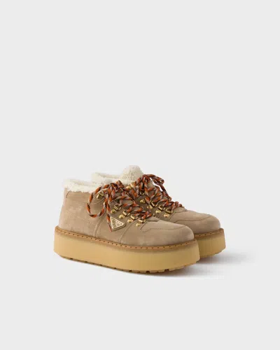 Prada Shearling-lined Suede Booties In Brown