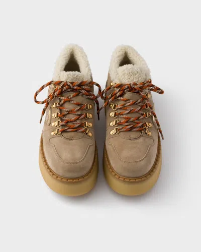 Prada Shearling-lined Suede Booties In Brown