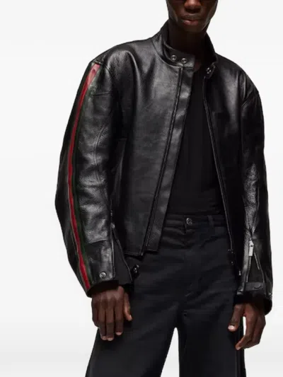 Gucci Leather Biker Jacket With Web In Black