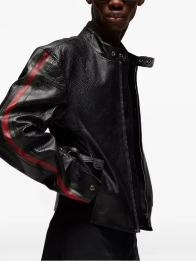 Gucci Leather Biker Jacket With Web In Black