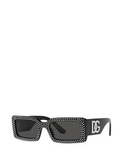 Dolce & Gabbana Crystal-embellished Rectangle-frame Sunglasses In Black