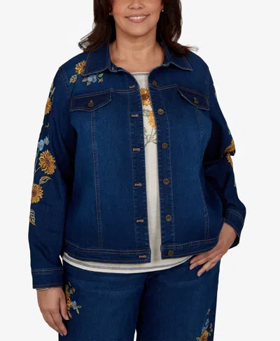 Alfred Dunner Plus Size Floral-embroidered Denim Jacket In Indigo