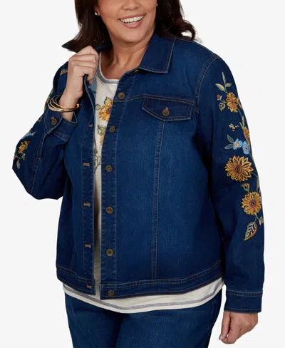 Alfred Dunner Plus Size Floral-embroidered Denim Jacket In Indigo
