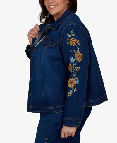 Alfred Dunner Plus Size Floral-embroidered Denim Jacket In Indigo