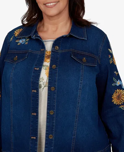 Alfred Dunner Plus Size Floral-embroidered Denim Jacket In Indigo