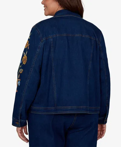 Alfred Dunner Plus Size Floral-embroidered Denim Jacket In Indigo