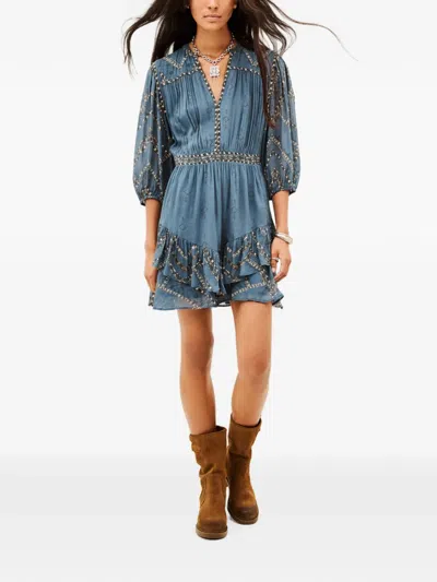 Ba&sh Poly Patterned Ruffled Flared Mini Dress In Blue