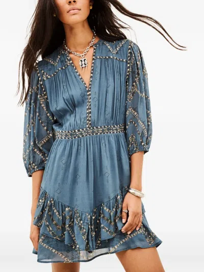 Ba&sh Poly Patterned Ruffled Flared Mini Dress In Blue