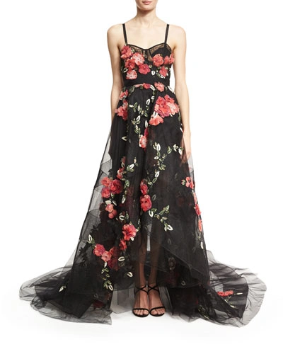 Marchesa Floral-embellished High-low Tulle Gown, Black