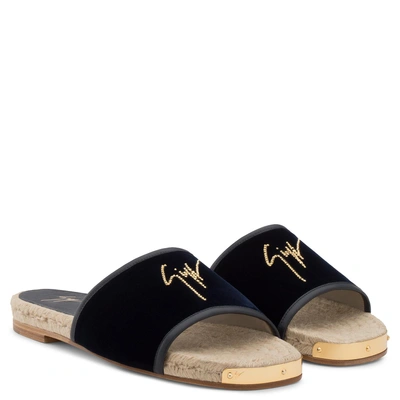 Shop Giuseppe Zanotti - Dark Blue Velvet Sandal With Canvas Sole Oswald