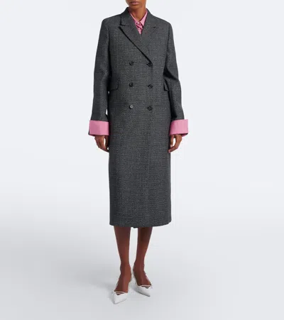 Prada Checked Virgin Wool Coat In Black