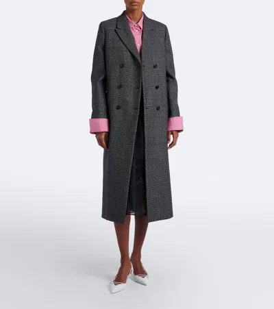 Prada Checked Virgin Wool Coat In Black