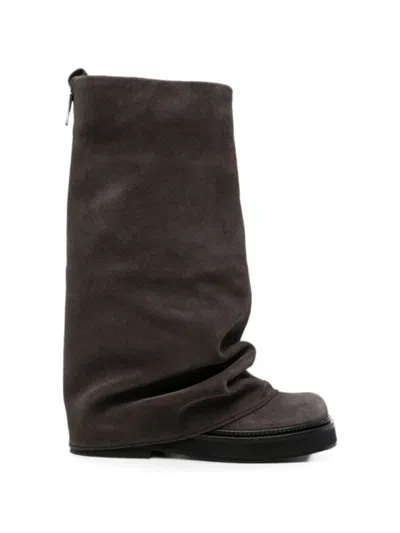 Attico Robin Rounded Square Toe Soft Suede Boots In Gray