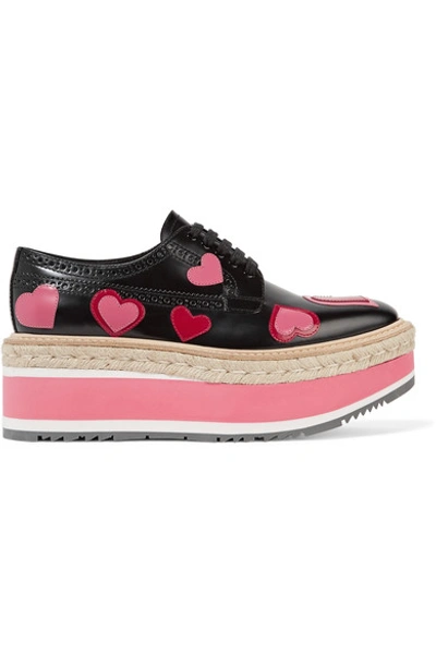 Prada Heart Leather Brogue Platform Oxfords In Black-rosa