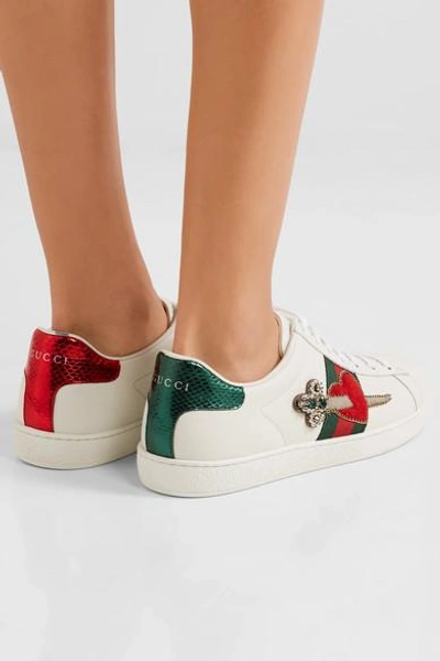 Shop Gucci Appliquéd Embellished Leather Sneakers