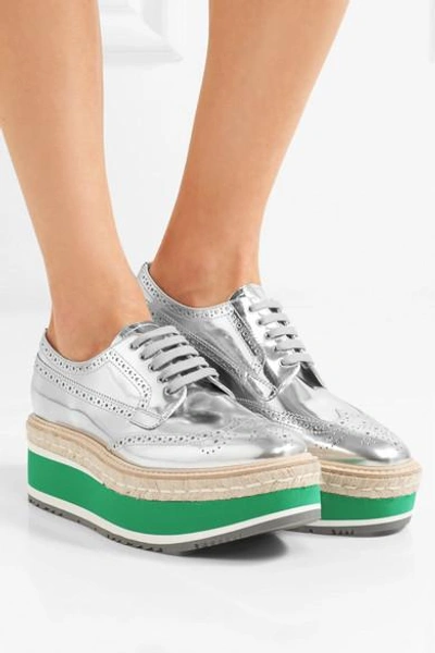 Shop Prada Metallic Leather Platform Brogues In Silver