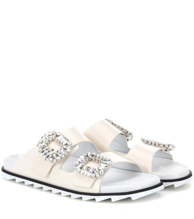 Roger Vivier Slidy Viv Swarovski Crystal-embellished Leather Slides In White