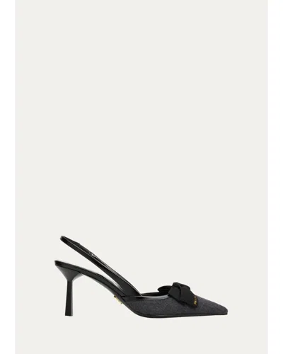 Prada 70 Triangle Logo Leather And Mesh Slingback Pumps In Black