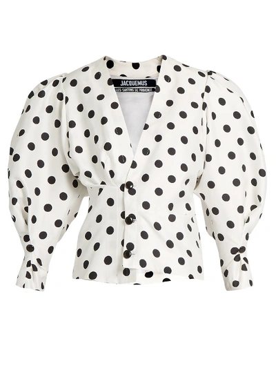 Jacquemus Cropped Gathered Polka-dot Poplin Blouse In White And Black