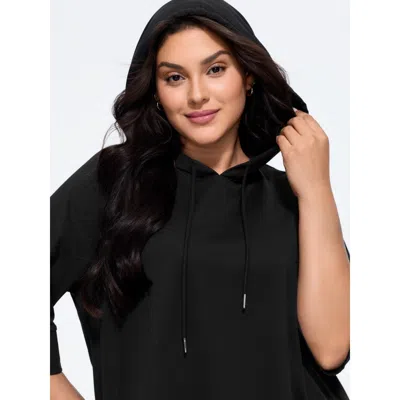 Bloomchic Solid 3/4 Roll‑up Sleeve Hooded Sweatshirt In Black