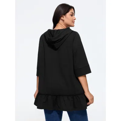 Bloomchic Solid 3/4 Roll‑up Sleeve Hooded Sweatshirt In Black