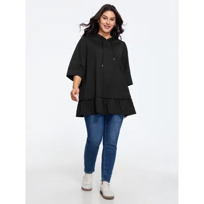 Bloomchic Solid 3/4 Roll‑up Sleeve Hooded Sweatshirt In Black