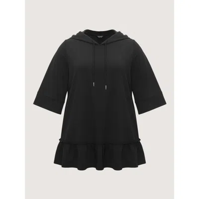 Bloomchic Solid 3/4 Roll‑up Sleeve Hooded Sweatshirt In Black