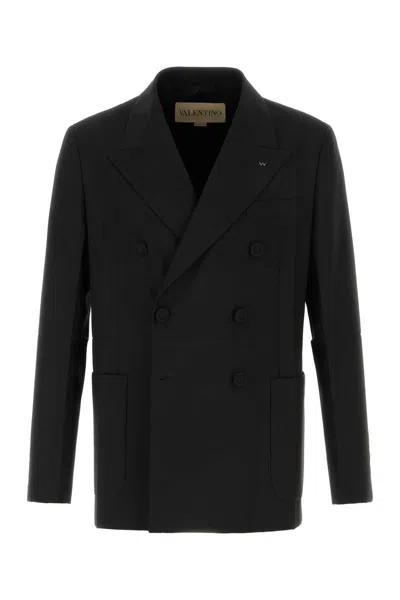Valentino Tailored Double-breasted Polyester Blend Jacket In Black