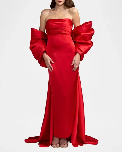Mac Duggal Oversized Bow Satin Gown In Ruby