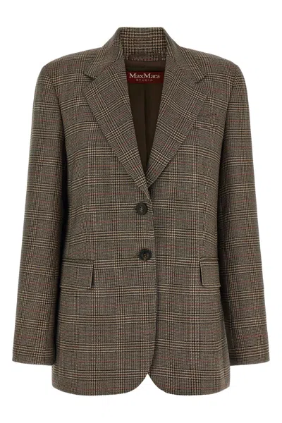 Max Mara Check-pattern Single-breasted Blazer In Brown