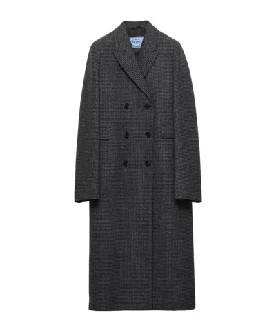 Prada Double-breasted Gingham-checked Mouliné Wool Coat In Black
