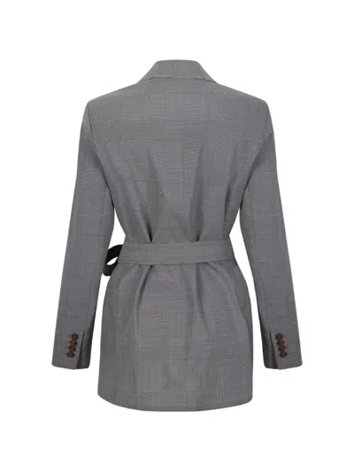 Max Mara Check-pattern Belted Jacket In Gray