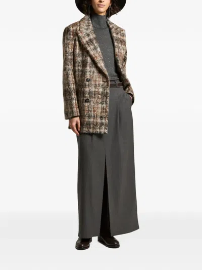 Peserico Check-pattern Double-breasted Coat In Brown
